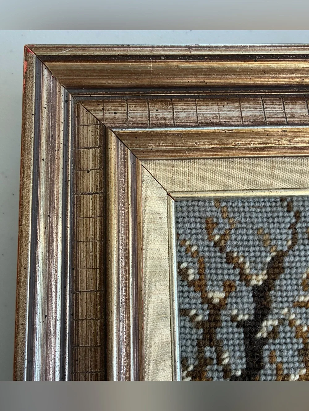 Vtg Handcrafted Needlepoint Tapestry Scenic Snow Village Renaissance Gold Frame